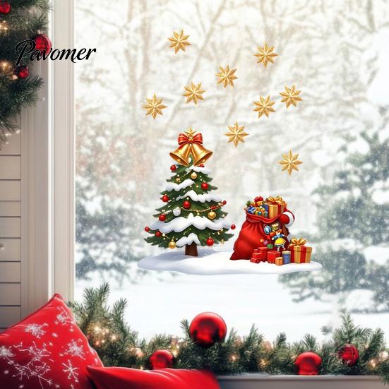 Indoor Outdoor Holiday Decor Christmas Window Static Sticker, Creative Snowman Tree Pattern PVC Decal, Waterproof Party Decorations Reusable