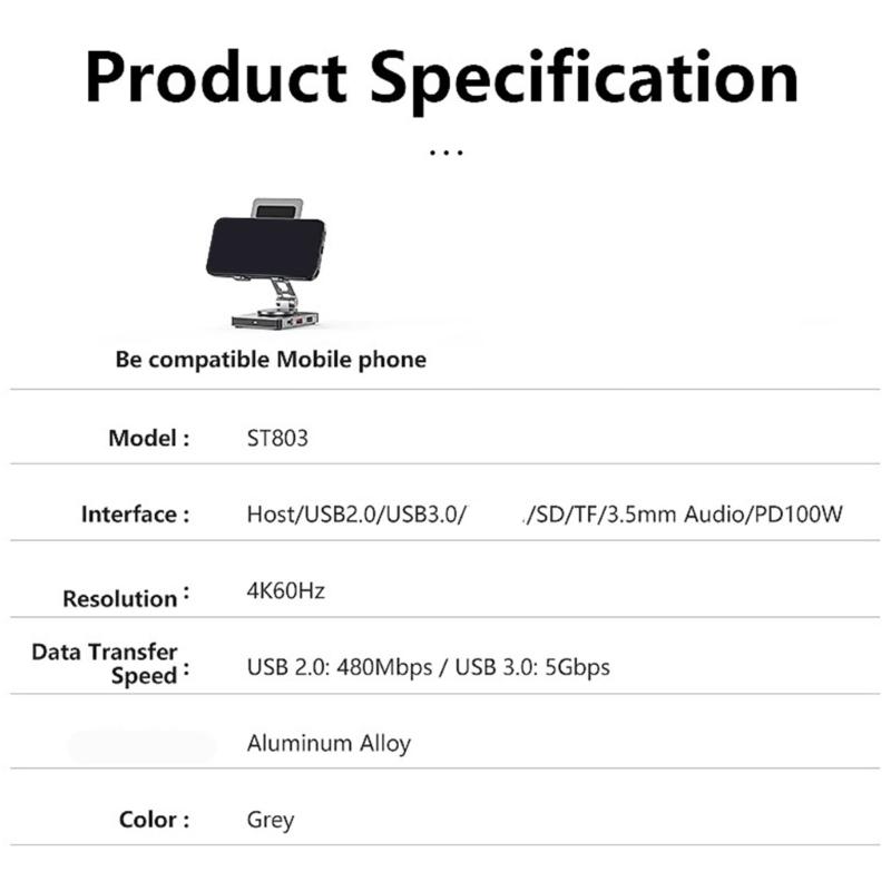 Rotating Aluminum Phone Hub 8 in 1 USB C Docking Station 5Gbps 100W PD Charging Foldable Stand for Multiple Devices