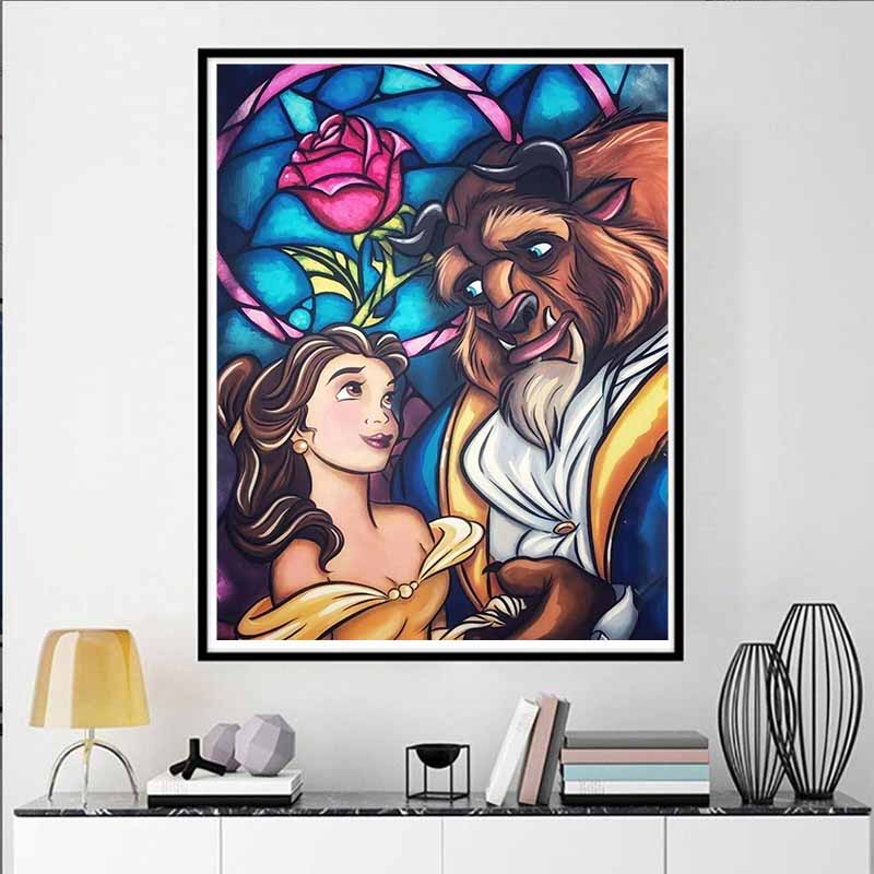 Disney Diamond Painting Belle and The Beast Stained Glass Artwork Cute DIY Rhinestone Mosaic Cross Stitch Kit Embroidery Gift Home Decor
