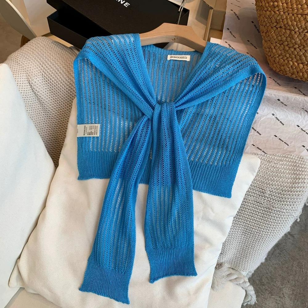 Summer Knitted Shawl Solid Color Neck Guard Scarf Fashion Thin Knotted Cape  for Women
