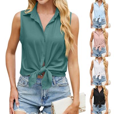 Women's Fashion Solid Color Lapel Sleeveless Button Loose Shirt T-shirt Top