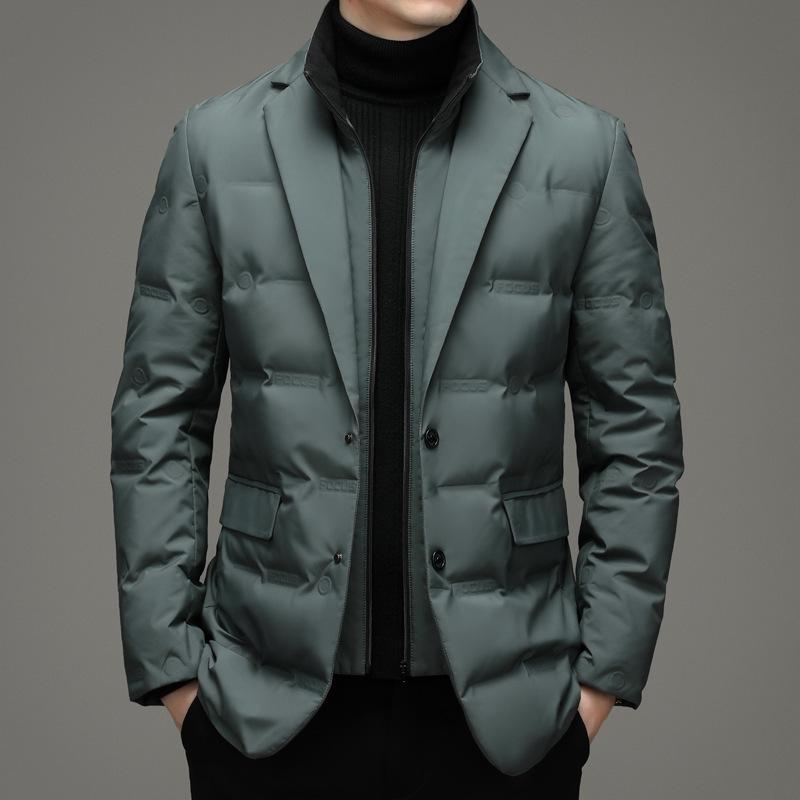 Men's Warm Down Jacket with Detachable Collar - Autumn/Winter Casual Fashionable Suit Style, Fake Two-Piece Design.