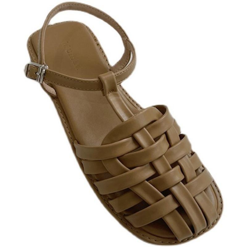 Fashion Large Size Low Sandals Woman Leather Big Low-heeled Slides Hoof Heels PU Fabric Rubber Fretwork Large Size Low Sandals Woman Lea