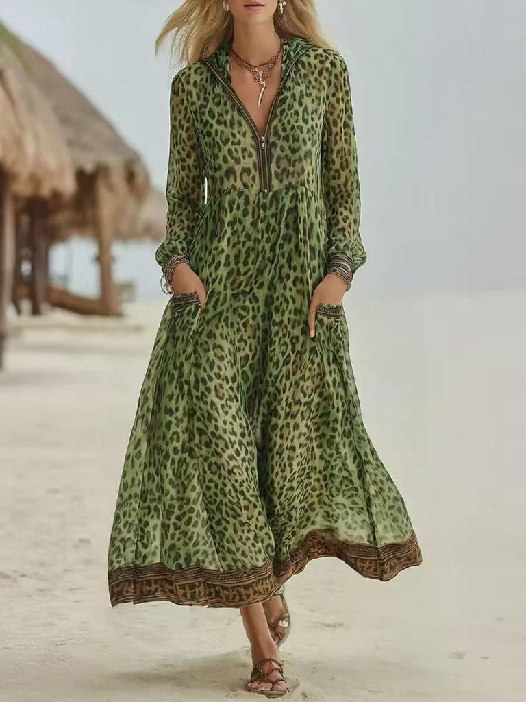 Vintage Wild Leopard Print Hooded Long-sleeved Long Dress Half Zipper V-neck Elastic Waist Swinging Seaside Vacation Dress