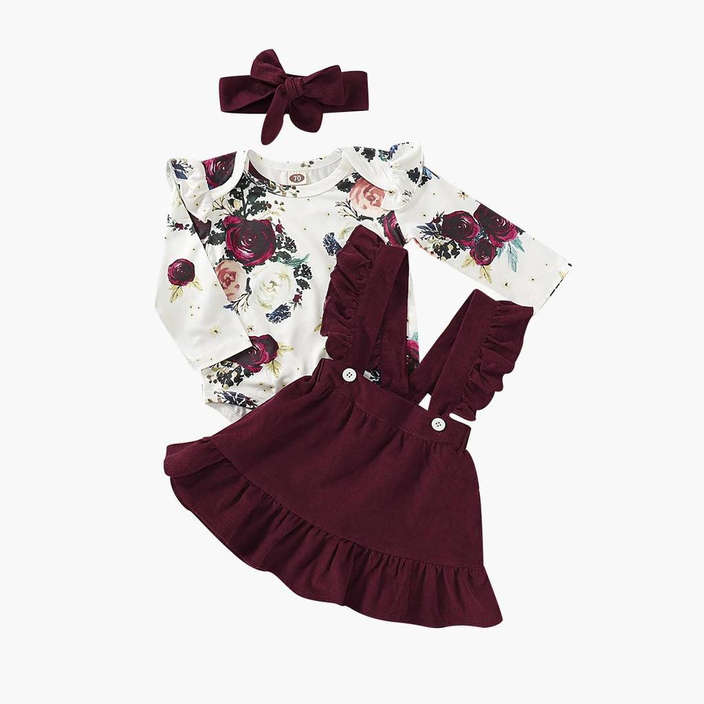 Newborn Baby Girl Clothes Set Floral Long Sleeve Romper Suspender Ruffle Dress and Bowknot Headband 3Pcs Outfit for 0-18 Months