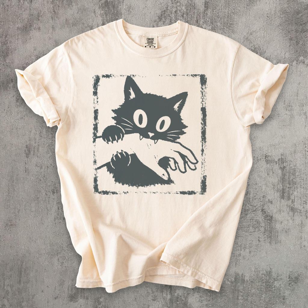 Funny Cat Biting Hand Shirt, Chaotic Black Cat Tee, Cute Mischievous Kitty Graphic T-Shirt, Cat Lover Gift, Vintage Cat Illustration