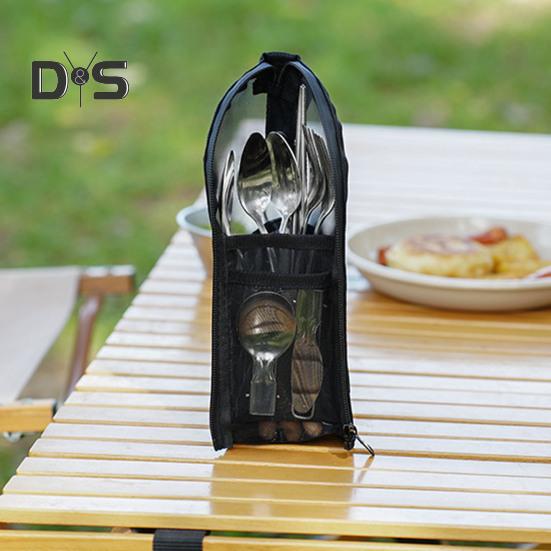 Outdoor Cutlery Storage Bag with Mesh Pocket Waterproof Portable Travel Camping Picnic Chopstick Fork Spoon Utensils Organizer Drying Carrying Bag