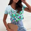Summer Women's New Casual, Simple and Versatile Color 3D Printed V-neck Short Sleeved T-shirt