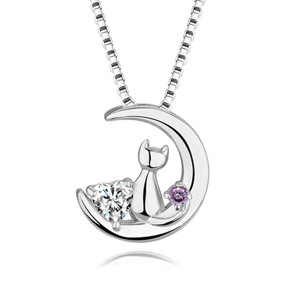 

Necklace Birthstone Cat Moon Wish Fulfillment Motif Pendant Present [HAH] Women s (February Amethyst)