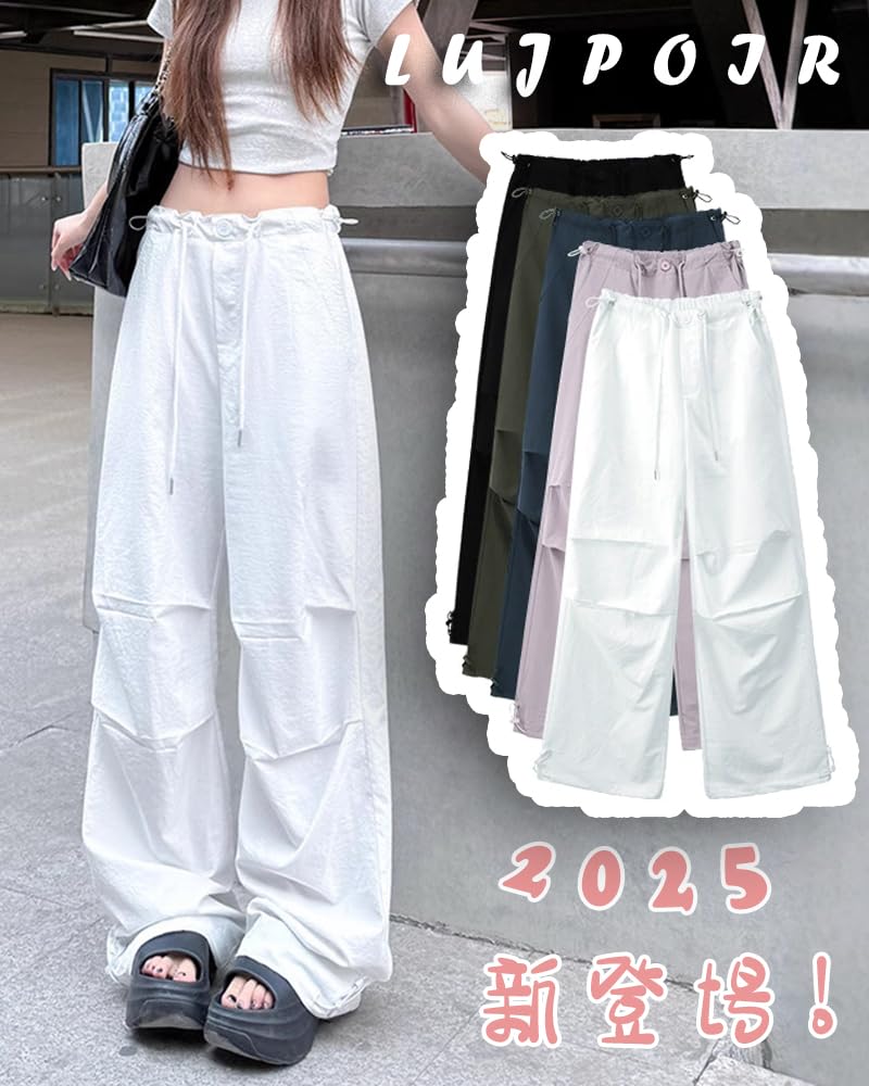 LUJPOIR Cargo Long Pants with Elastic Waist and Adjustable Relaxed Loose Solid Color White Size M Women's Pants, Drawstring, Fit, Casual, Fit, Spring,
