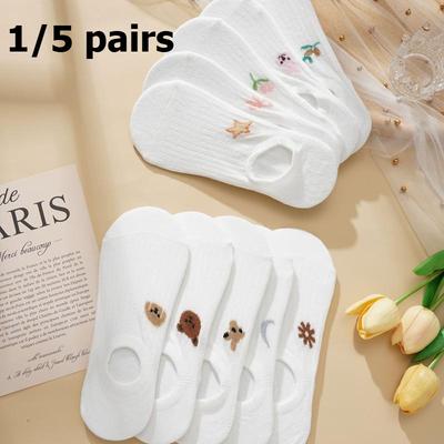 1/5 Paires Chaussettes d'Été Invisibles pour Femmes Chaussettes Antidérapantes en Silicone Blanches Animal et Plante Chaussettes Mignonnes