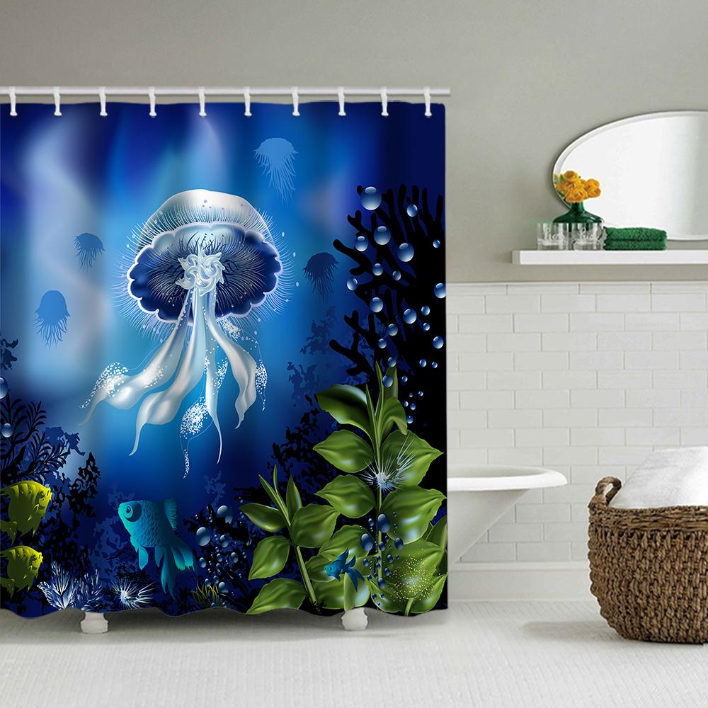 1/4 Marine Organism Shower Curtains, Toilet Seat Decoration, Shower Curtain With Carpet And Toilet Lid, 12 70.8X70.8 Inch Hooks