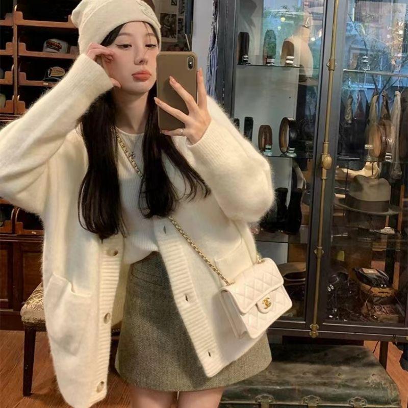 White Alpaca Wool Knit Cardigan: Soft, Fluffy, Loose Fit Sweater for Women - Ideal for Autumn and Winter.