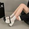 Xiaoxiangfeng Mary Jane Shoes Women'S One-Word Beaded Buckle High Heels~ Skirt Socks Wear 7Cm Small Leather Shoes