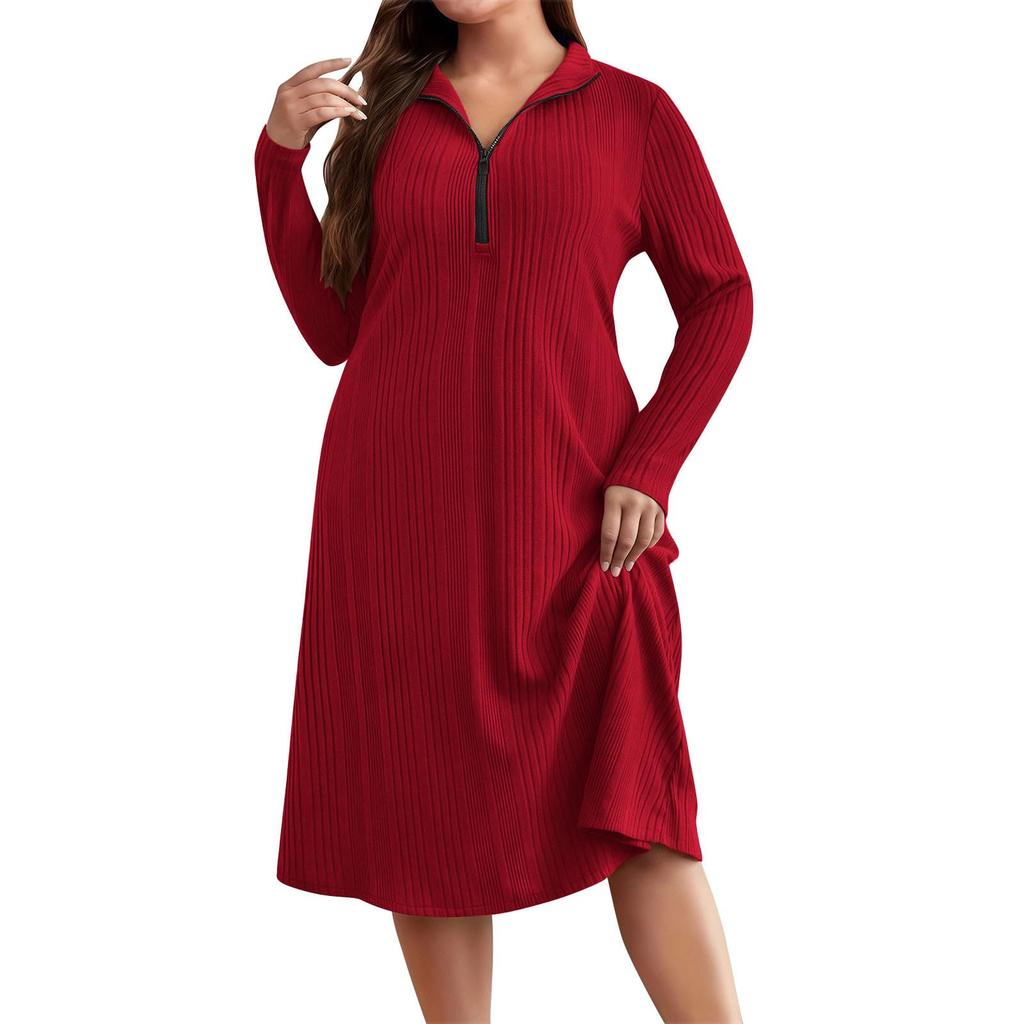 Ladies' Solid Color Elegant Zipper Round Neck Women's Stripe Dress