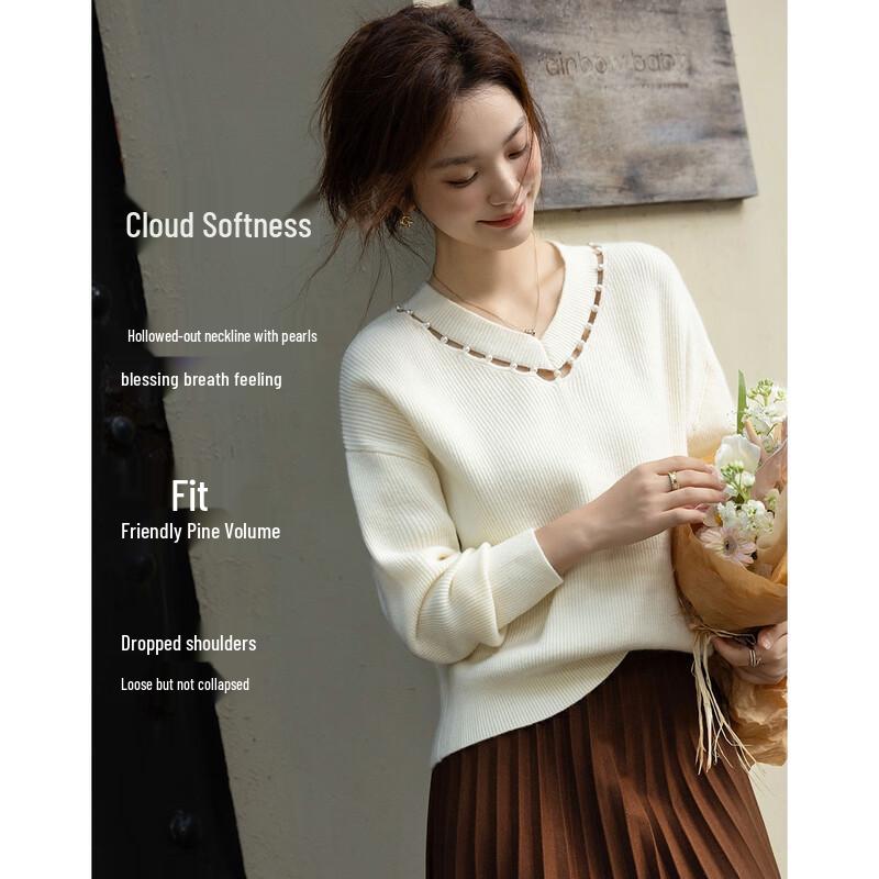 Demana Women's Ladylike V-Neck Cutout Knit Sweater