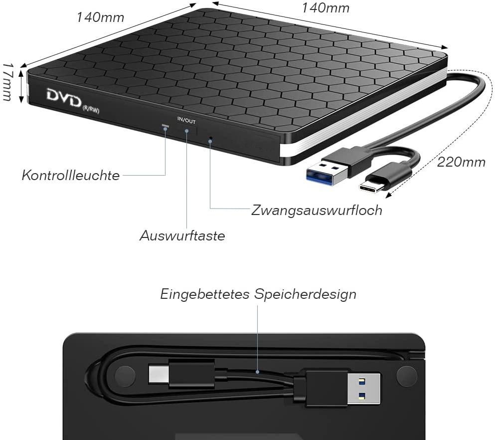 USB 3.0 Portable External Optical Drive & Burner for Desktops and Notebooks