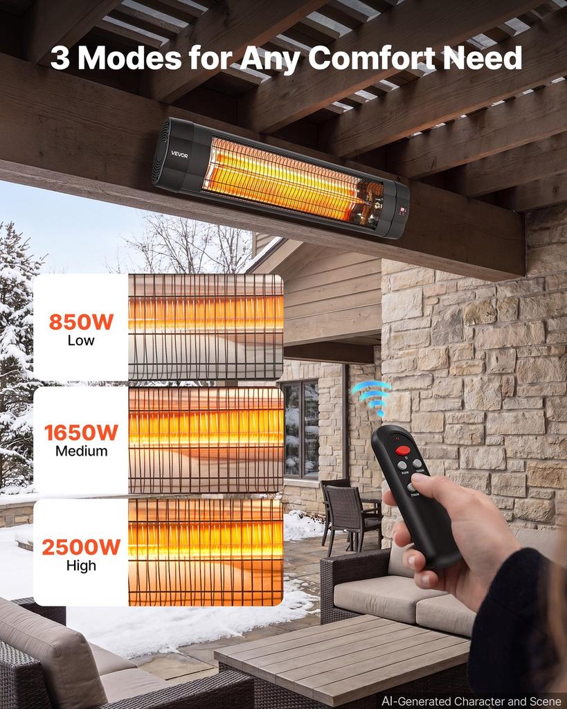 Infrared Heater 2500W Electric Space Heater 3 Heat Settings Black, Remote & Panel Control, 24 Hours Timer, Premium PP Material, Even Warmth for