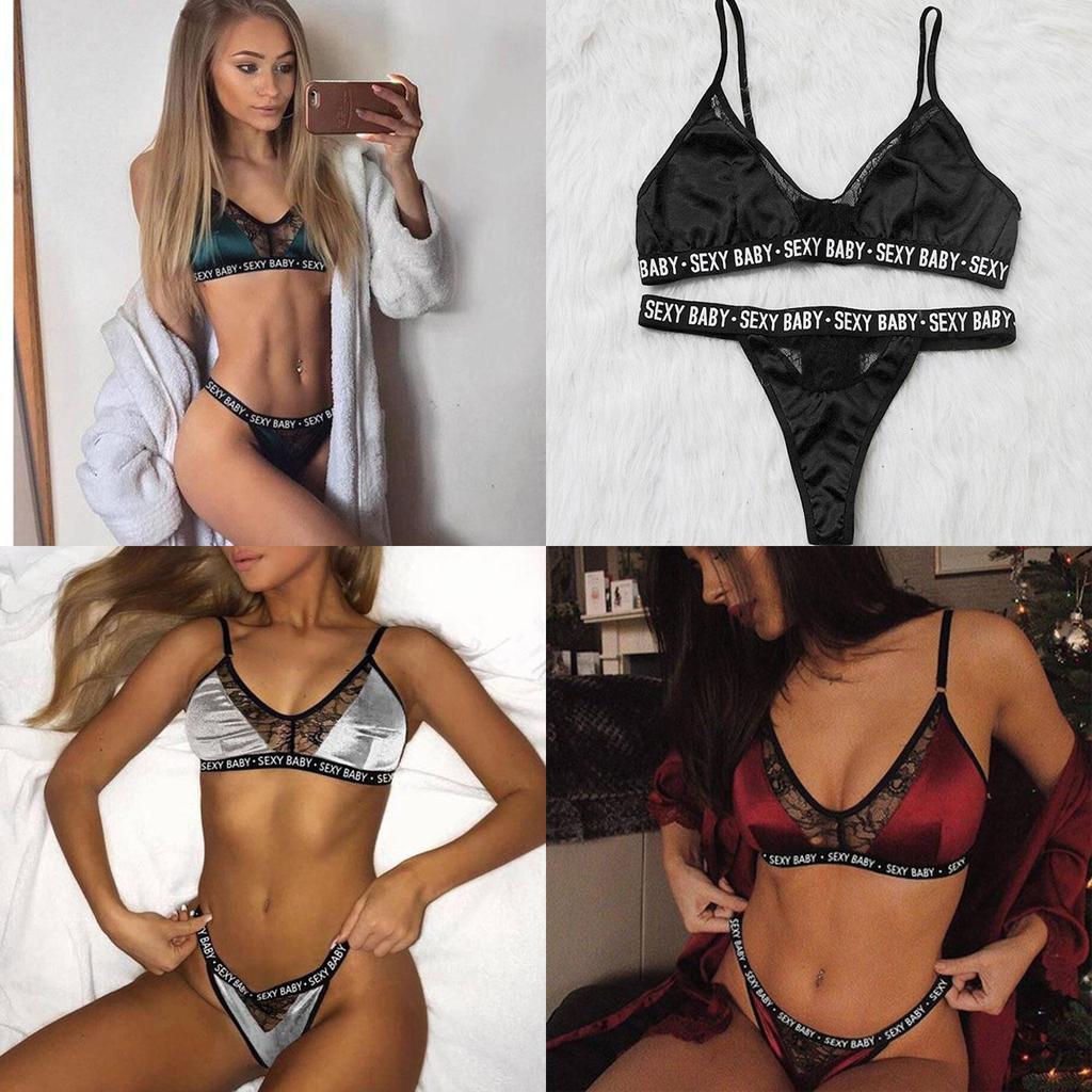 Elegantes Sexy Baby-Buchstaben-Print BH- und Höschen-Dessous-Set mit zarten Spitzenverzierungen