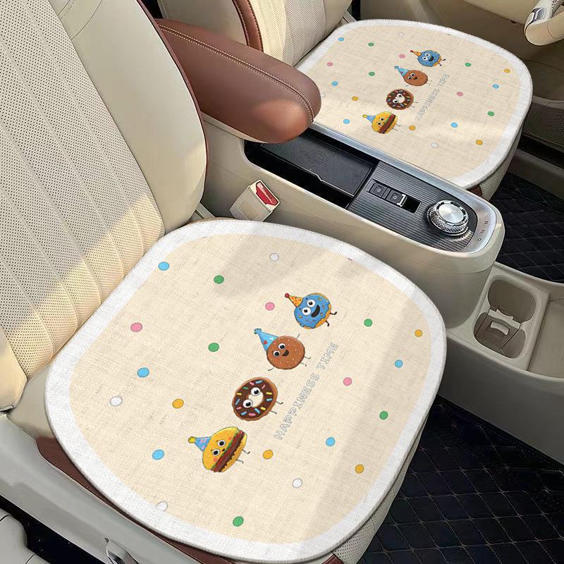 Linen Car Seat Cushion: All-Season, Breathable, Cute Cartoon Design, Dirt-Resistant Driver Seat Cushion [1 piece]