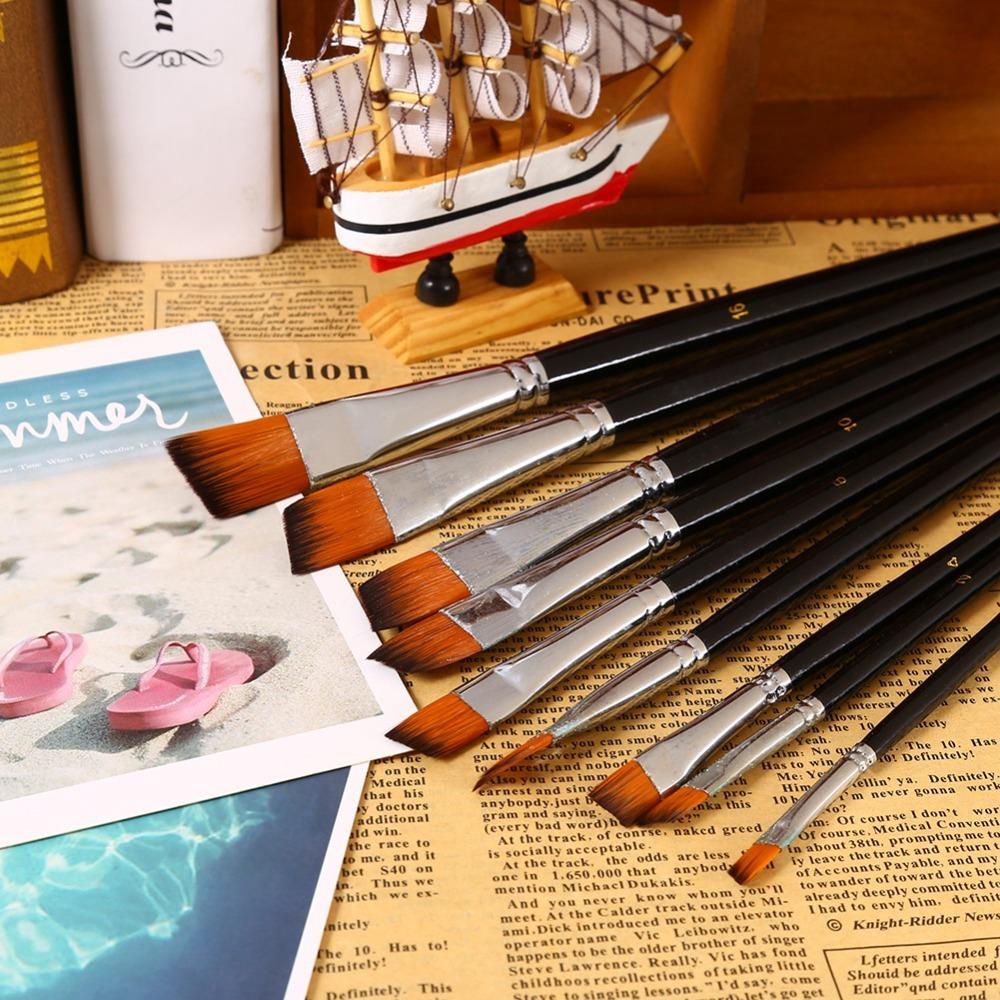 9PCS Angled Tip Layout Nylon Painting Brush Set Watercolor & Oil Painting Tools  Watercolor Coloring