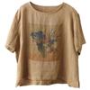 Women Summer Round Neck Short Sleeve Floral Vase Print Linen Cotton Casual Blouse