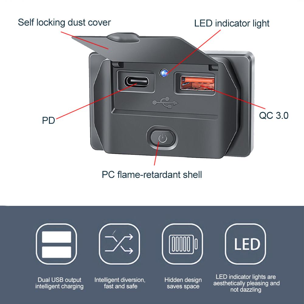12/24V QC3.0 PD Car Charger Socket Quick Charge  Adapter  with ON/OFF &Dust Cover Waterproof for Bus RV Truck
