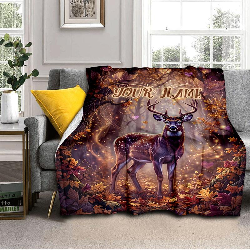 1PC Custom Name Autumnal Deer Fantasy blanket versatile,all-season throw suitable for the living room,bedroom,camping,travel,and gift