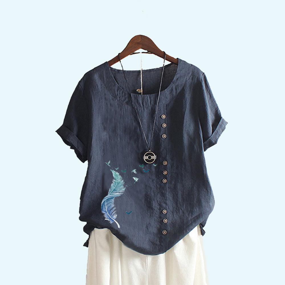 Frauen Mode Feder Druck Kurzarm T-shirt Sommer Casual Runde Kragen Pullover Lose Baumwolle Leinen Blusen