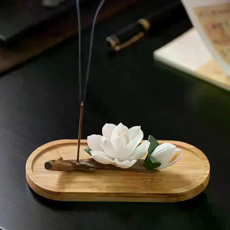 Chinese Style Ceramic Pear Blossom Incense Holder, Home Desktop Stick Stand