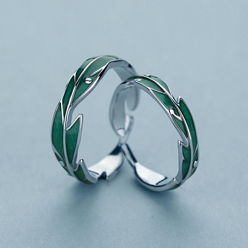 Fashion Irregular Green Leaves Couple Rings For Women Men Lovers Luxury Zircon Silver Color Open Ring Bride Wedding Jewelry Gift