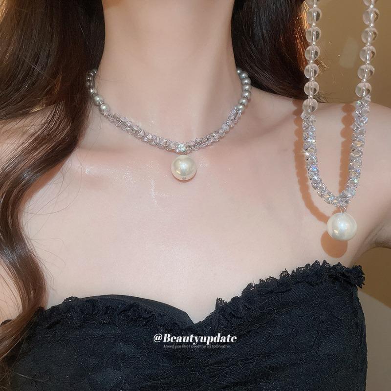 European and American new gray pearl diamond pendant necklace women's beaded light luxury simple design versatile collarbone chain neck chain