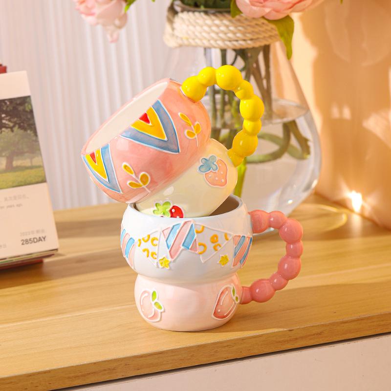 Hand-Painted Relief Ceramic Breakfast Cup Large Capacity Oat Cup Mug Cute Creative Household Cup Cartoon Water Cup