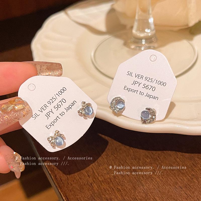 S925 Silver Bow & Blue Cat's Eye Star and Moon Earrings for Elegant Women