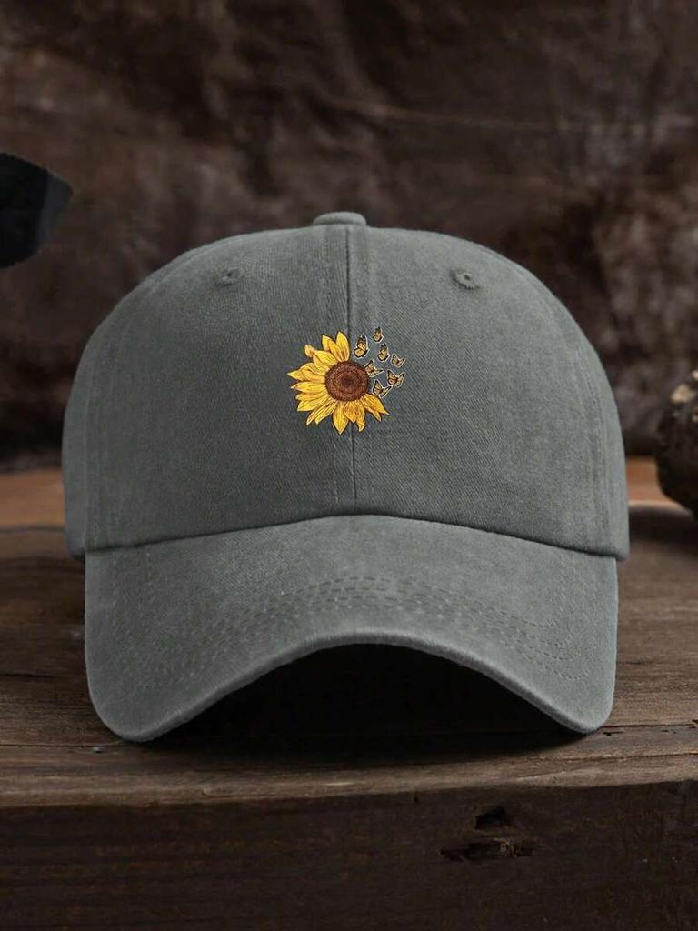 Sunflower Embroidered Denim Baseball Cap For Adults Casual Boho Style