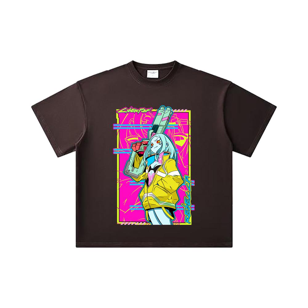 260 GSM Doppelgarn 32er Zählung 100% Baumwolle Cyberpunk Edgerunners V6 Rebecca Druck Unisex Schweres Baumwoll-T-Shirt
