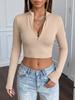 Women's Deep V Neck Long Sleeve Crop Top Slim Fit Solid Color Casual Pullover
