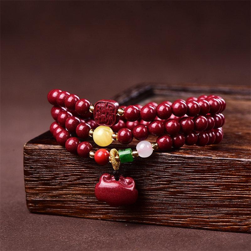 Authentic Cinnabar Bracelet for Men and Women, Three-Layer Fortune Character Cinnabar Multi-Layer Lotus Pendant Bracelet