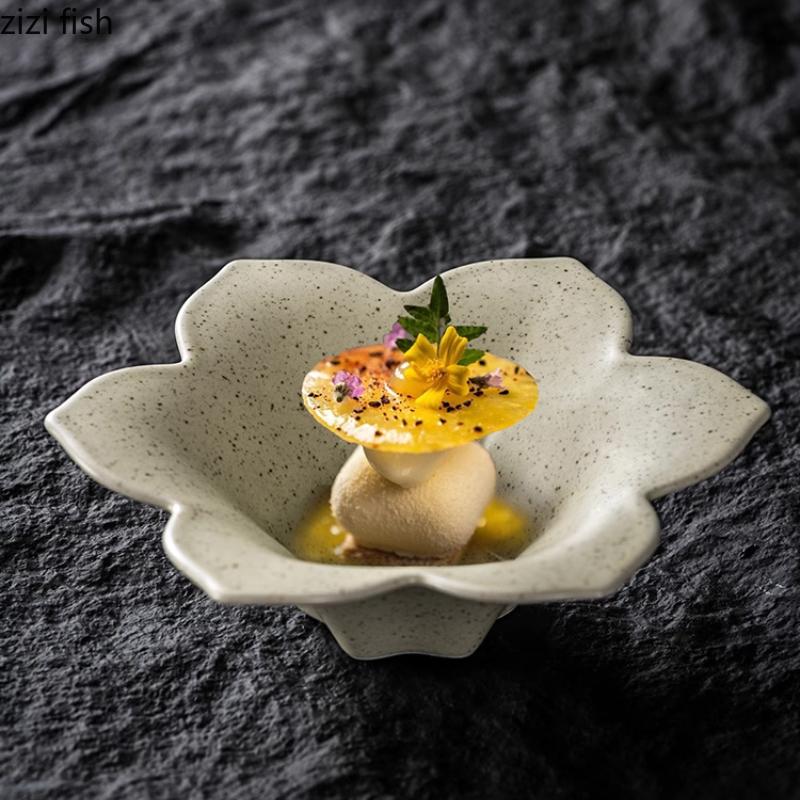 Ceramic High Foot Tea Tray Flower Shaped Dim Sum Dish Dessert Bowl Cake Pan Dining Plate Fruit Bowls Salad Bowl Snack Bowls