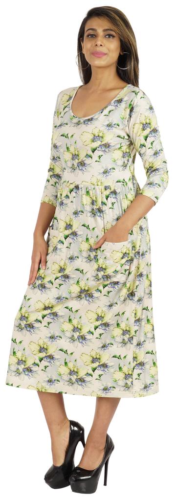 Phagun Women Summer Midi Dress Casual Loose Pockets Dress Scoop Neck Dresses