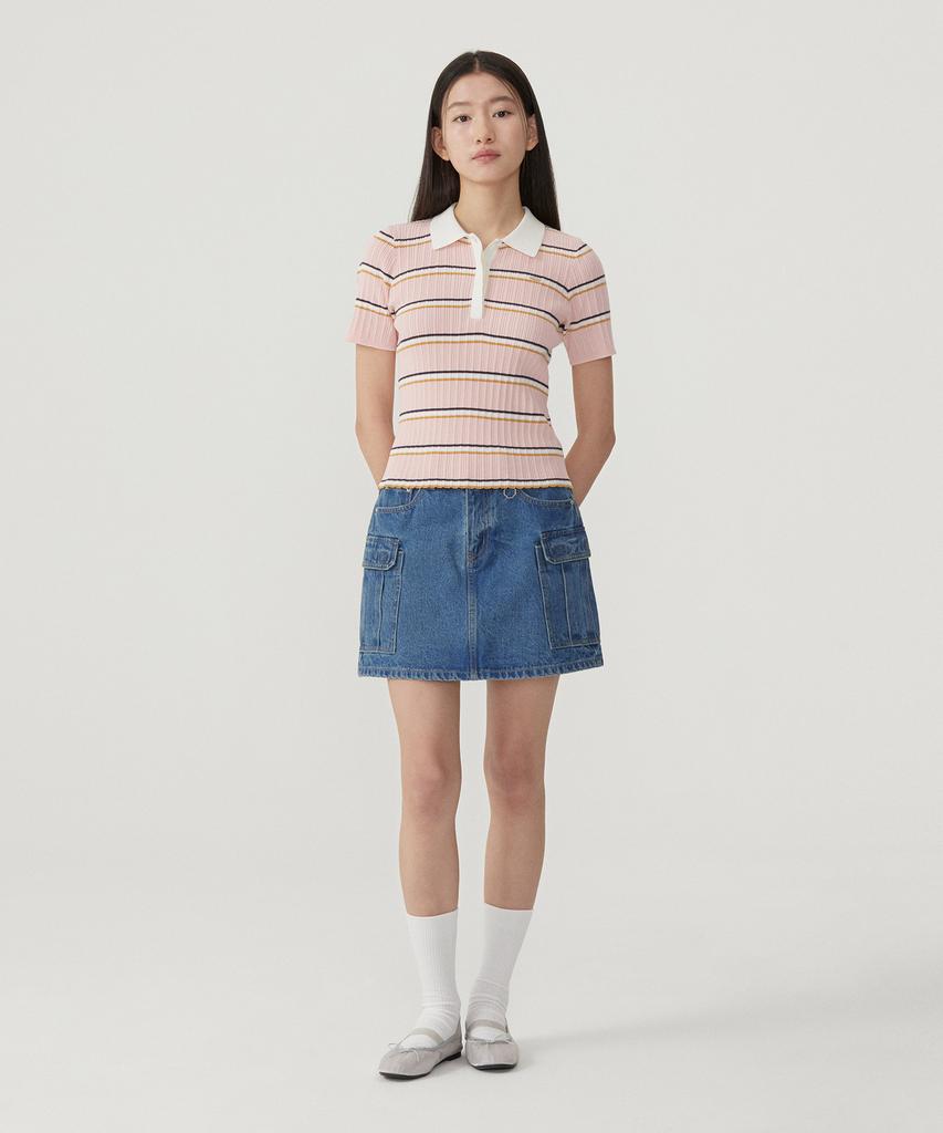 Covernat Woman Striped Collar Half Knit Pink