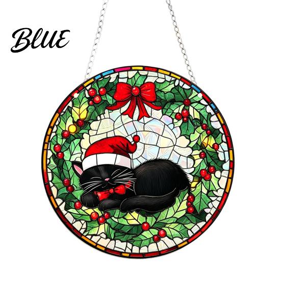 Christmas Theme Hanging Signs 2D Acrylic Suncatcher Stained Glass Style Black Cat Window Hanging Decorative Wall Plaques Colorful Plaque with Chain