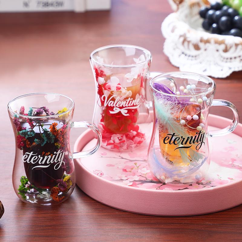 Dried Flower Body-Shaping Double-Walled Glass Cup with Handle and Heat Insulation for Coffee, Milk, or Juice