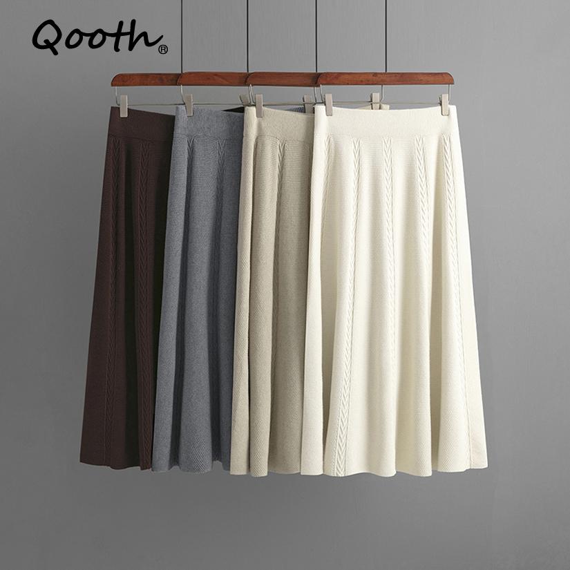 Qooth Khaki A-Line Knit Midi Skirt Women's Draped Fall Winter Skirt QT2786