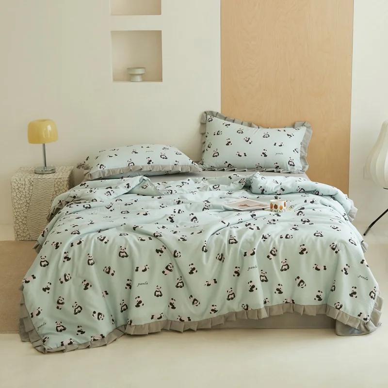 Botanical Flowers Pattern Ruffled Quilt Summer Cool Air Conditioning Quilt Skin-friendly Soft Thin Blanket for Kids Boys Girls