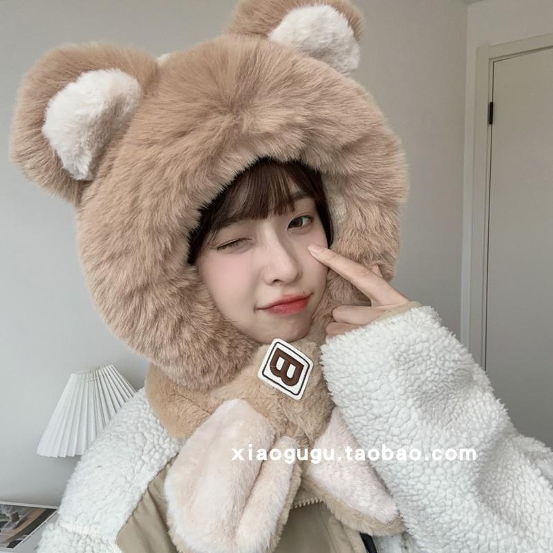 Cute letters bear ears hat scarf integrated female winter student warm fleece thickened two-piece set