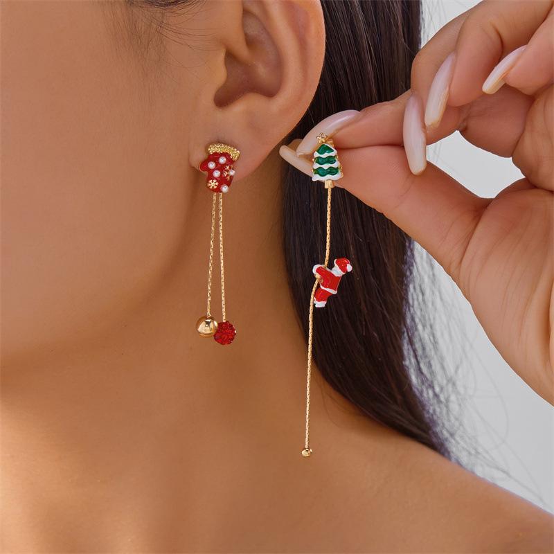 Asymmetrical Christmas Tree & Climbing Santa Earrings with Colorful Inlaid Diamonds for Women