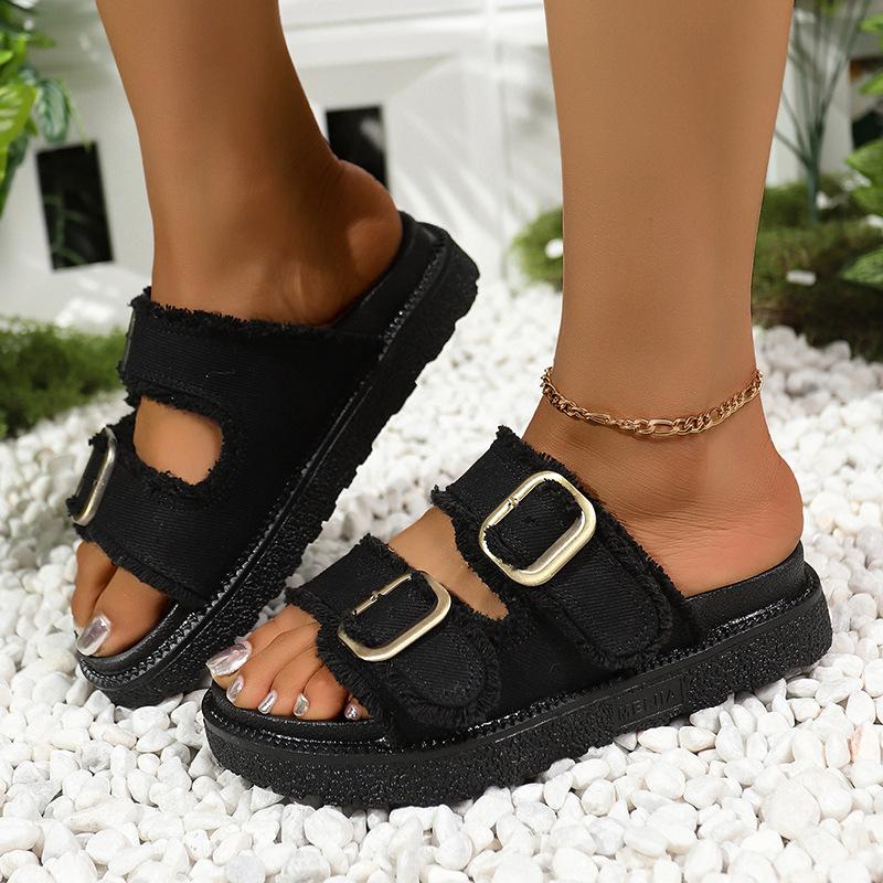 Foreign Trade Large Size Versatile Denim Belt Buckle One Foot Cool Slippers Women's Summer Wear 2025 New Flat-bottomed Slippers