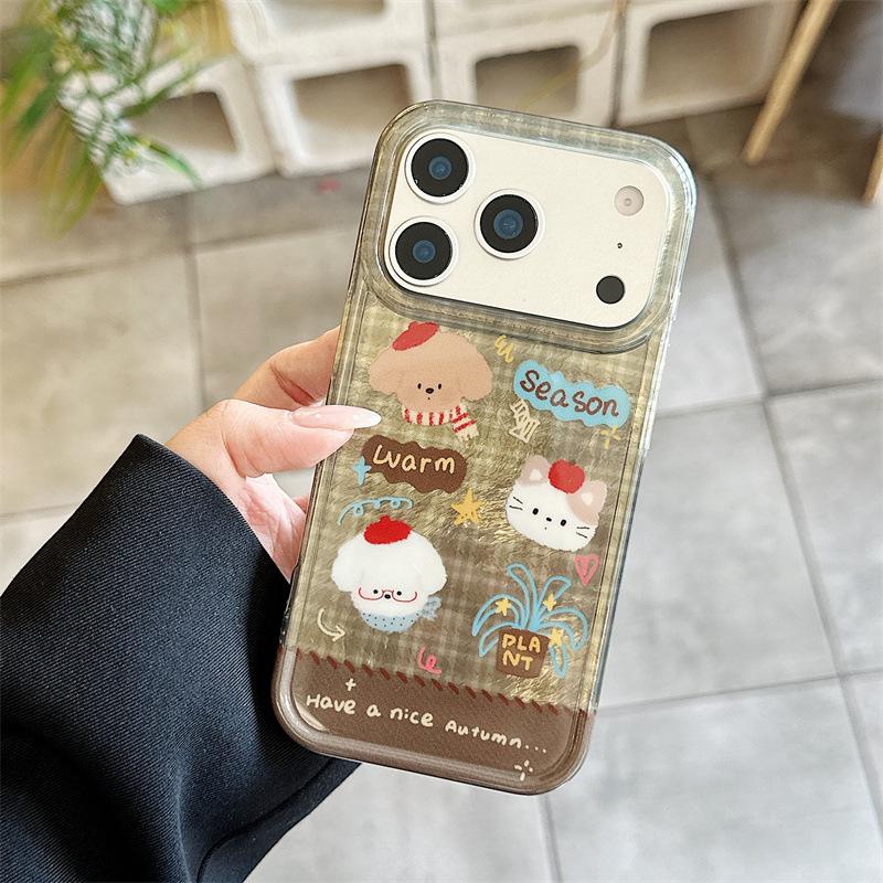 

Plaid Scarf Design Case for iPhone 17, 16ProMax, 15, and 14 with Cat and Dog Theme. iPhone 16 Pro