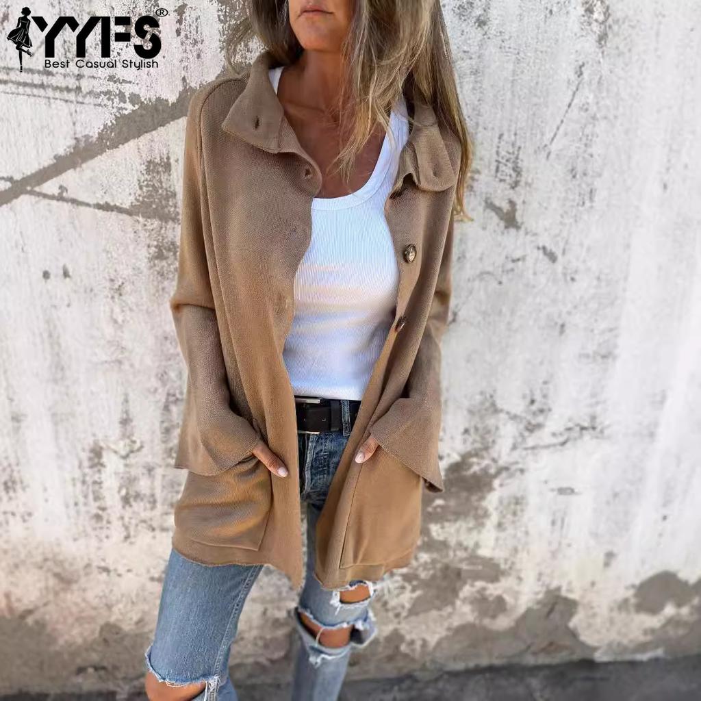 YYFS Women's Fashion Casual Solid Color Print Autumn Winter Long Sleeve POLO Neck Jackets & Coats